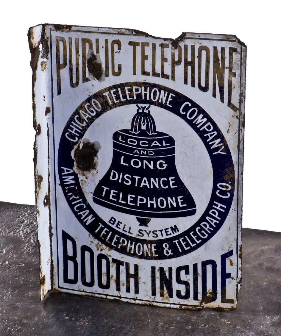 early 20th century double-sided bell public telephone "booth inside" double-sided exterior flange porcelain enameled sign salvaged from a 19th century chicago city dump