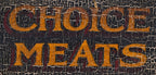 all original and nicely weathered william brand hand-painted polychromatic butcher shop exterior wood sign with intact eye hooks and uniform crazed finish