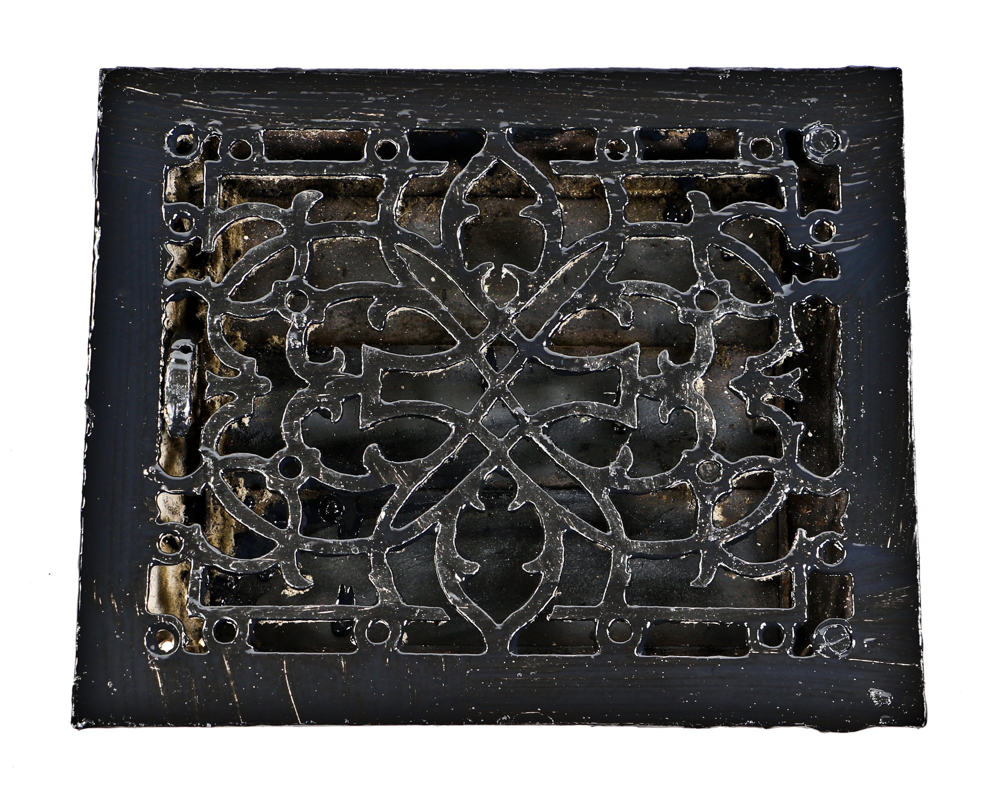 original turn of the century black enameled late victorian era ornamental cast iron tuttle louvered interior residential heat register or grate