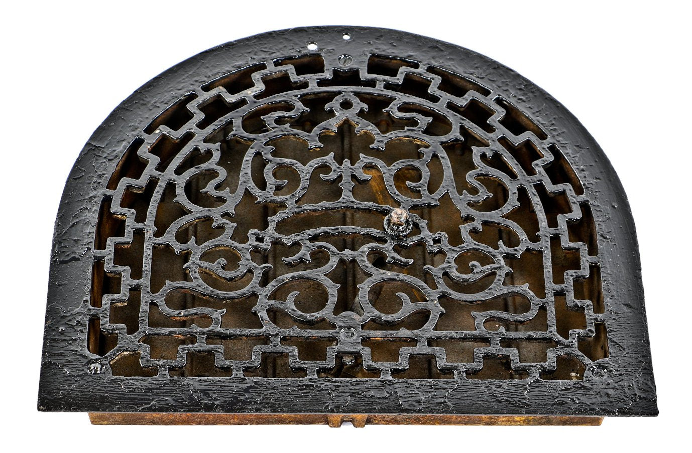 original and completely intact early 1870's antique american black enameled fanciful cast iron new york city rowhouse louvered heat register or grate with brass knob