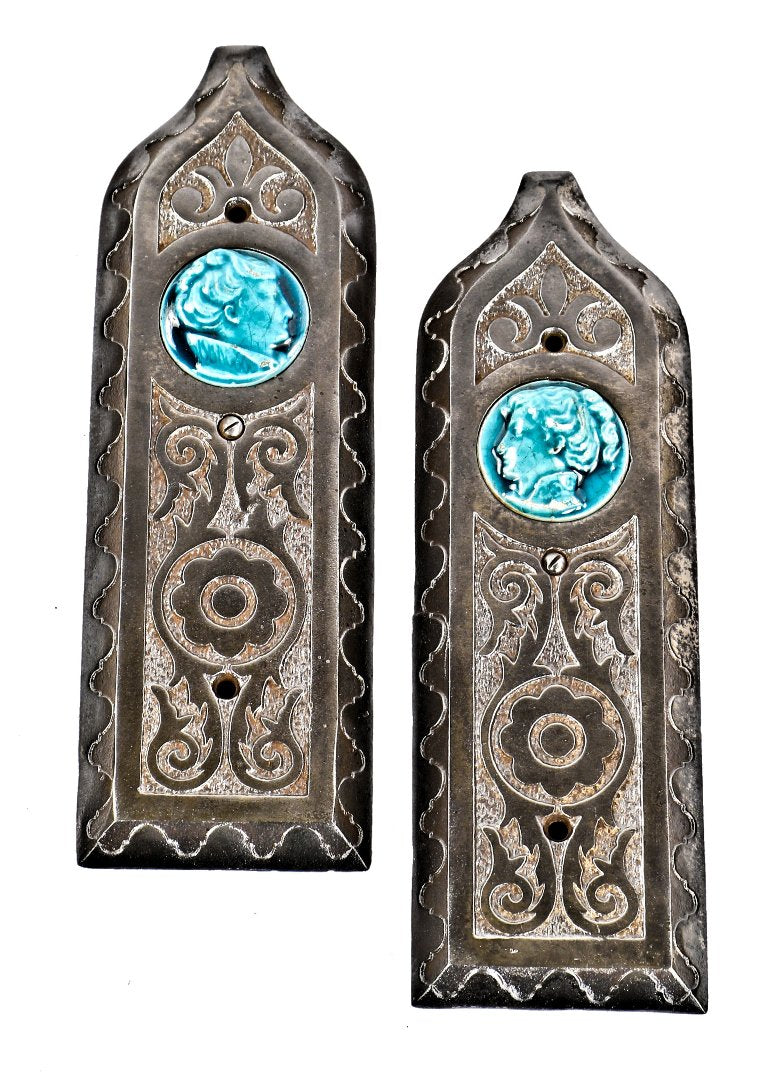 matching set of original 19th century antique american industrial ornamental cast iron victorian era parlor stove components with figural majolica tile insets