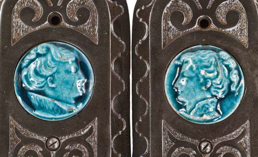 matching set of original 19th century antique american industrial ornamental cast iron victorian era parlor stove components with figural majolica tile insets