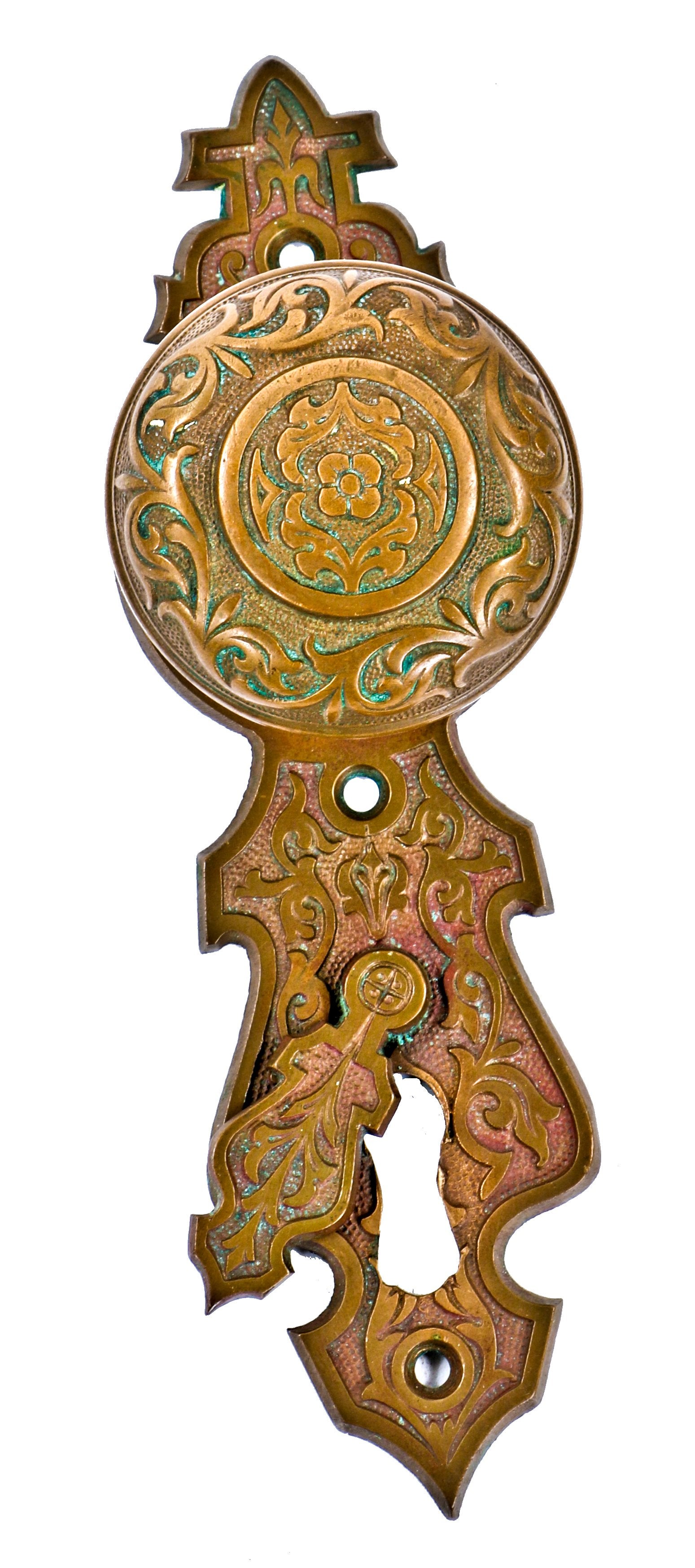 striking c. 1870's high victorian antique american ornamental cast "real bronze" metal compression residential doorknob and backplate with swinging keyhole cover