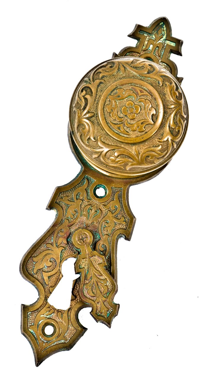 19th century antique american russell & erwin "real bronze" victorian era ornamental cast bronze doorknob with matching backplate with swinging keyhole cover