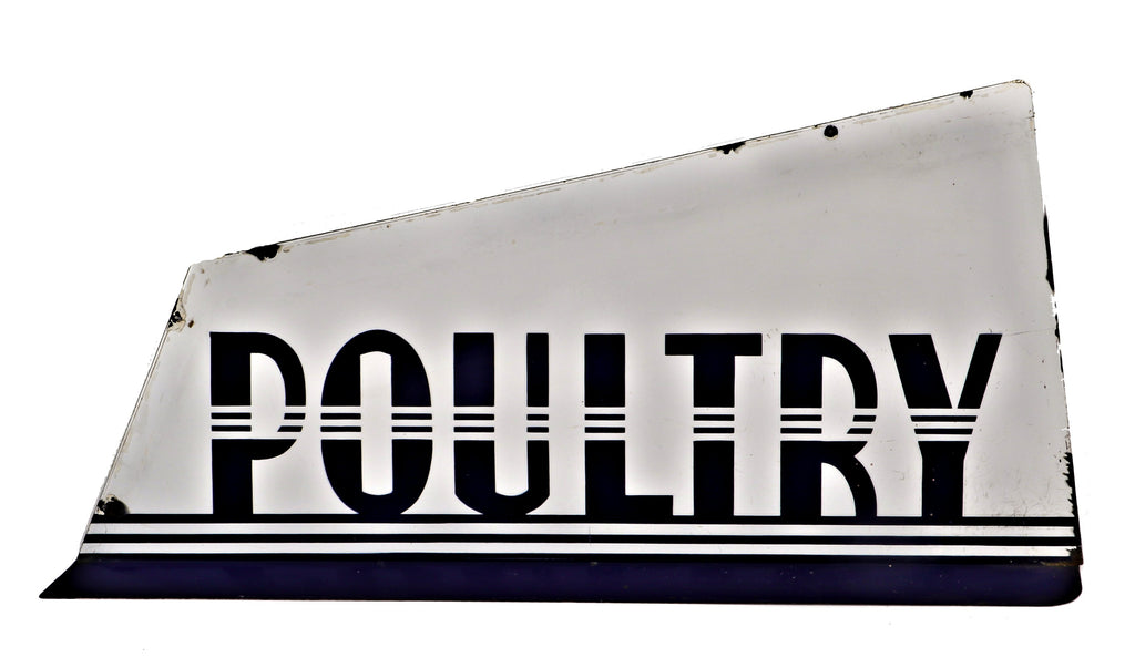 remarkable intact and all original c. 1930's antique american art deco streamlined style "poultry" porcelain or vitreous enameled red owl grocery store single-sided sign