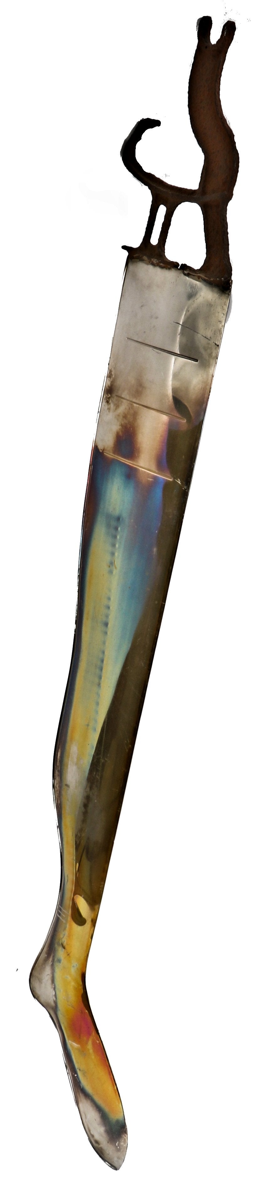 unusual and visually striking antique american industrial highly polished nickel-plated steel garment factory lady stocking leg form