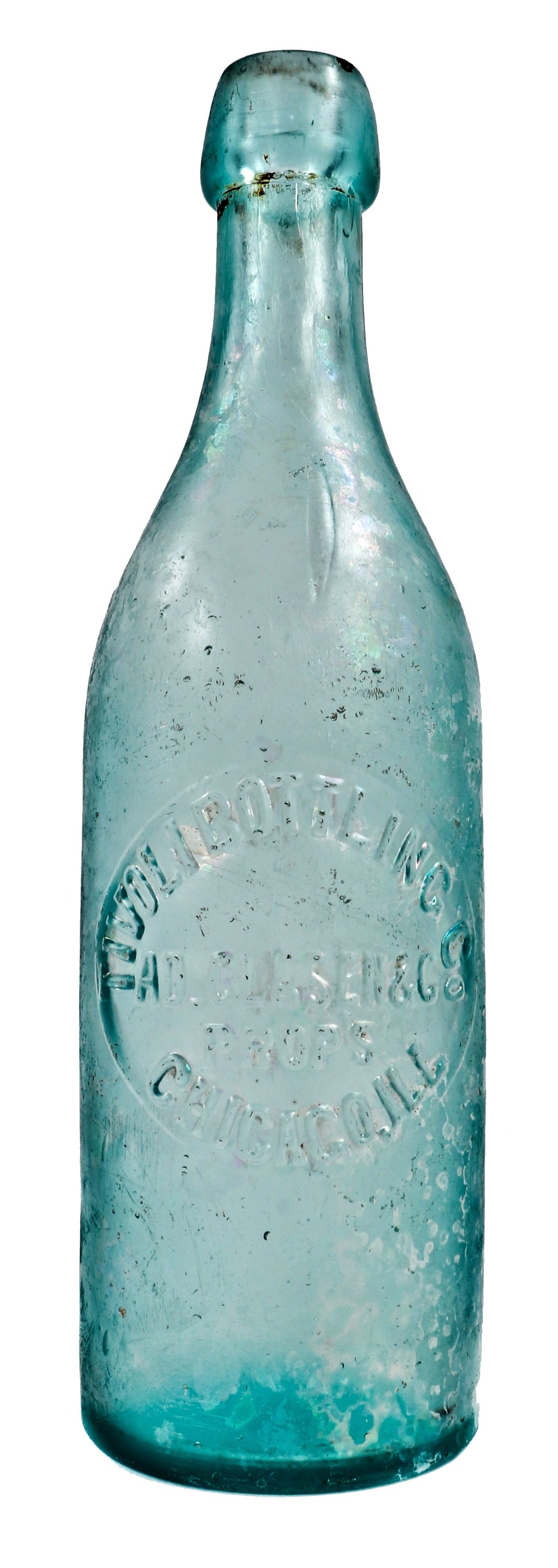 original and intact privy dug antique c.1878-1879 aqua "tivoli bottling co" slope-shouldered quart beer bottle manufactured for chicago bottlers adolph d. clasen and peter grube.