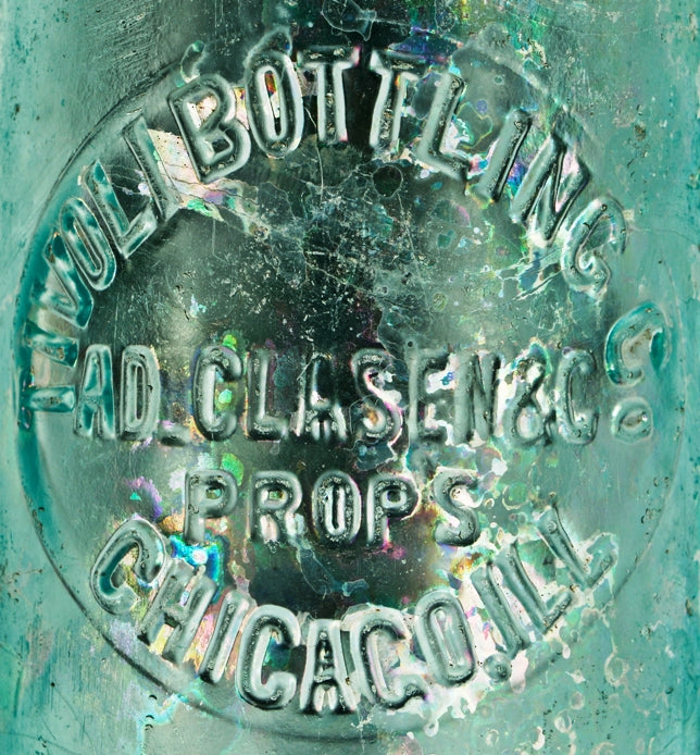 original and intact privy dug antique c.1878-1879 aqua "tivoli bottling co" slope-shouldered quart beer bottle manufactured for chicago bottlers adolph d. clasen and peter grube.