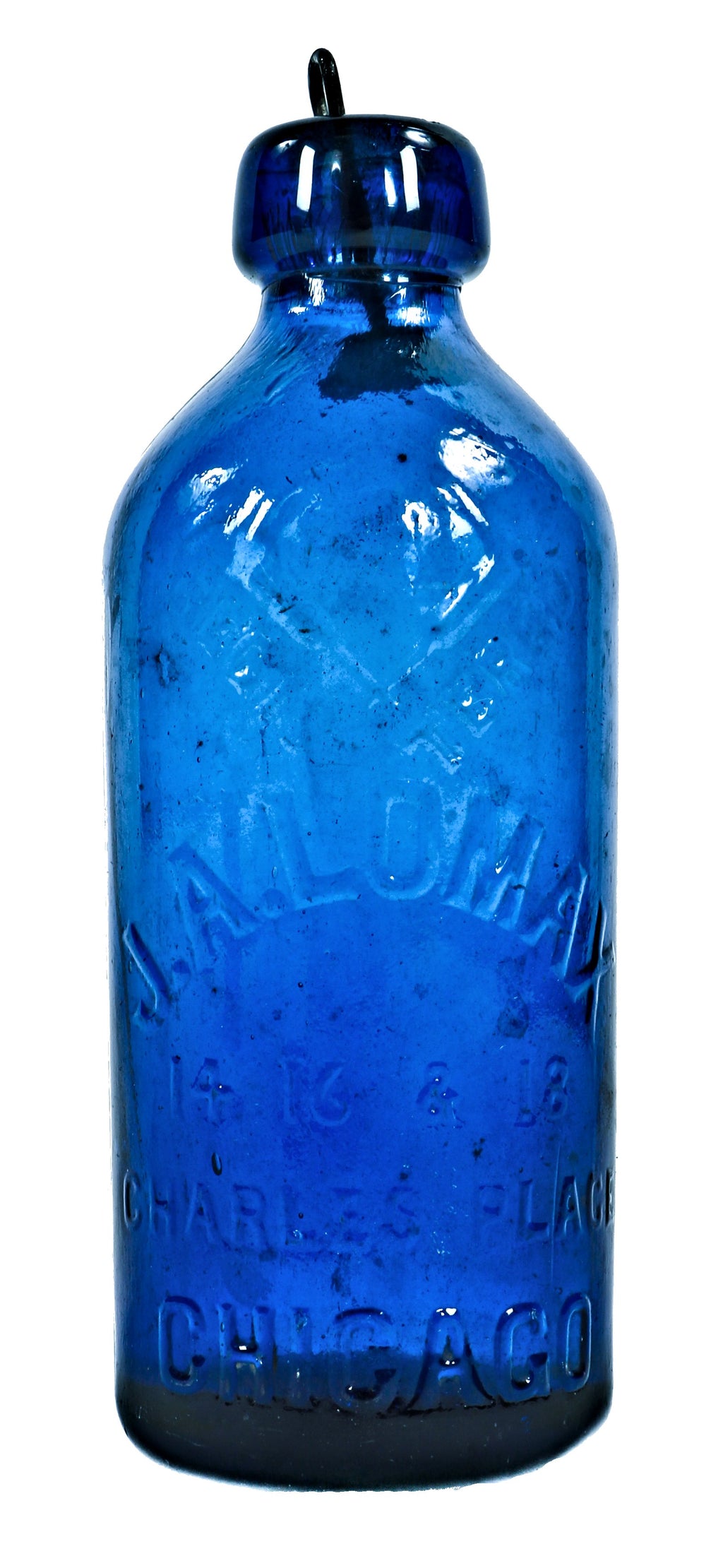 original and intact nineteenth century vibrant electric blue hutchinson shaped bottle with original patent spring stopper manufactured for chicago bottling giant j.a. lomax