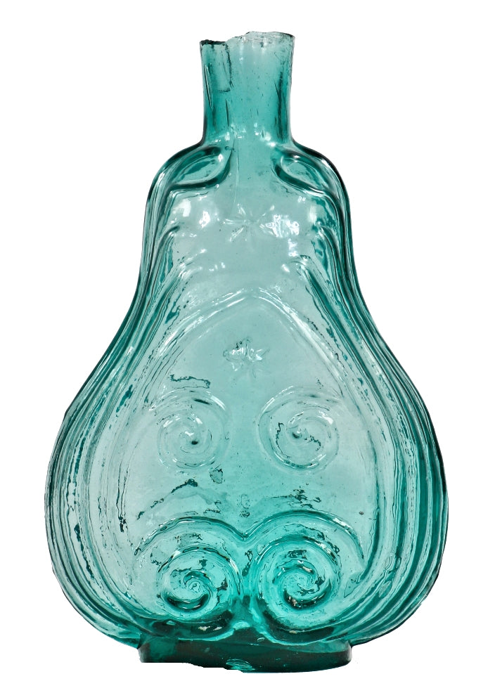 hard to find intact unique c. 1850's oversized blue aqua iron pontiled violin or scroll flask