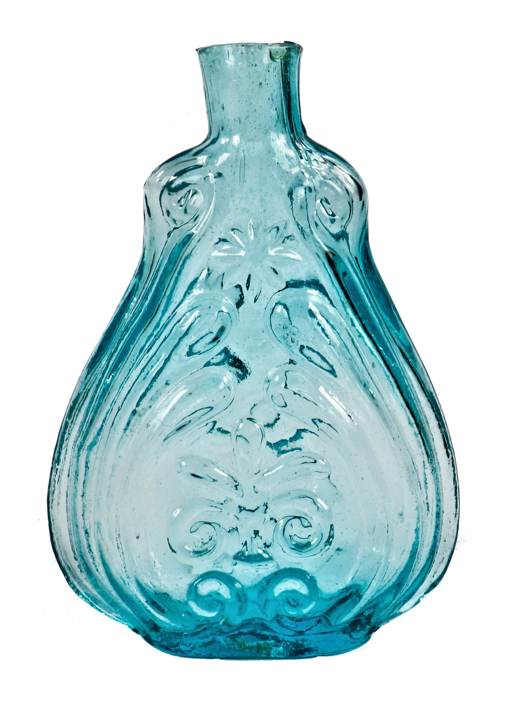hard to find and completely intact c. 1850's half-pint blue glass open pontiled aqua violin or scroll flask with fleur-de-lis design.