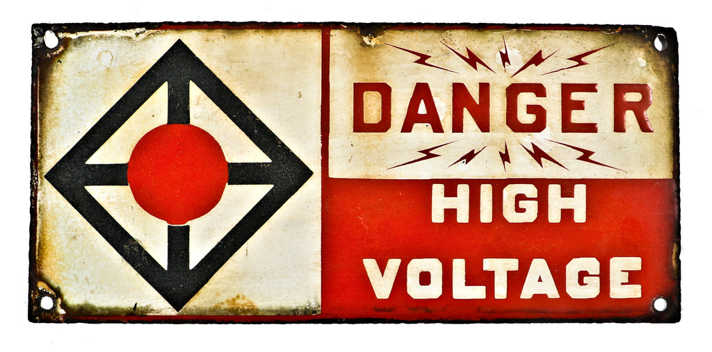 original rare single-sided early 20th century polychromatic porcelain enameled die cut steel "high voltage" pennsylvania mine danger sign with cautionary red dot
