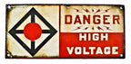 original rare single-sided early 20th century polychromatic porcelain enameled die cut steel "high voltage" pennsylvania mine danger sign with cautionary red dot