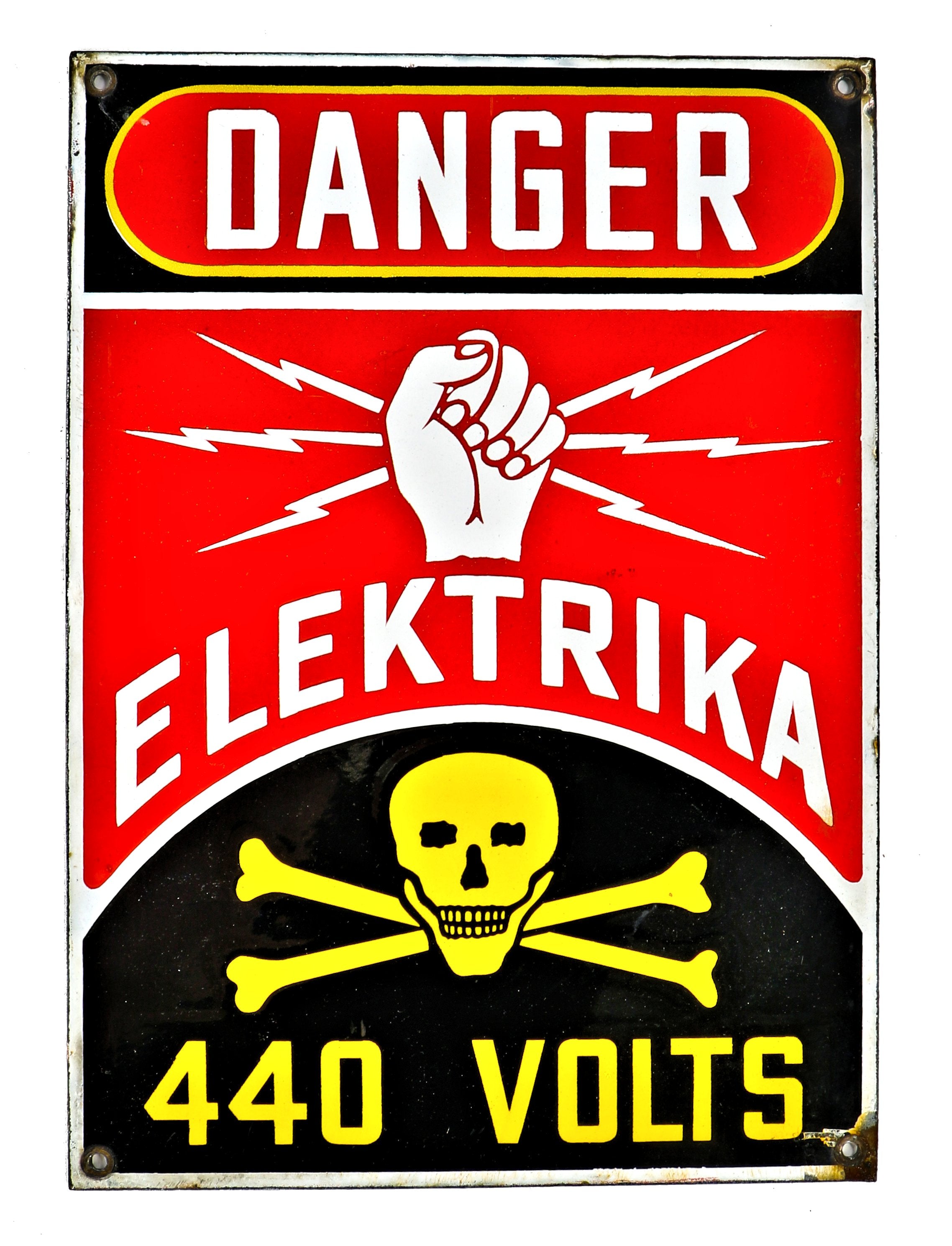 remarkable all original and brightly colored early 1930's antique american industrial high voltage or "elektrika" cautionary porcelain enameled sign with skull and crossbones