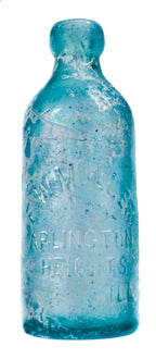original late nineteenth century dug heavily irridized aqua blue hutchinson style blobtop soda bottle manufactured for arlington heights bottler frederick w. muller.