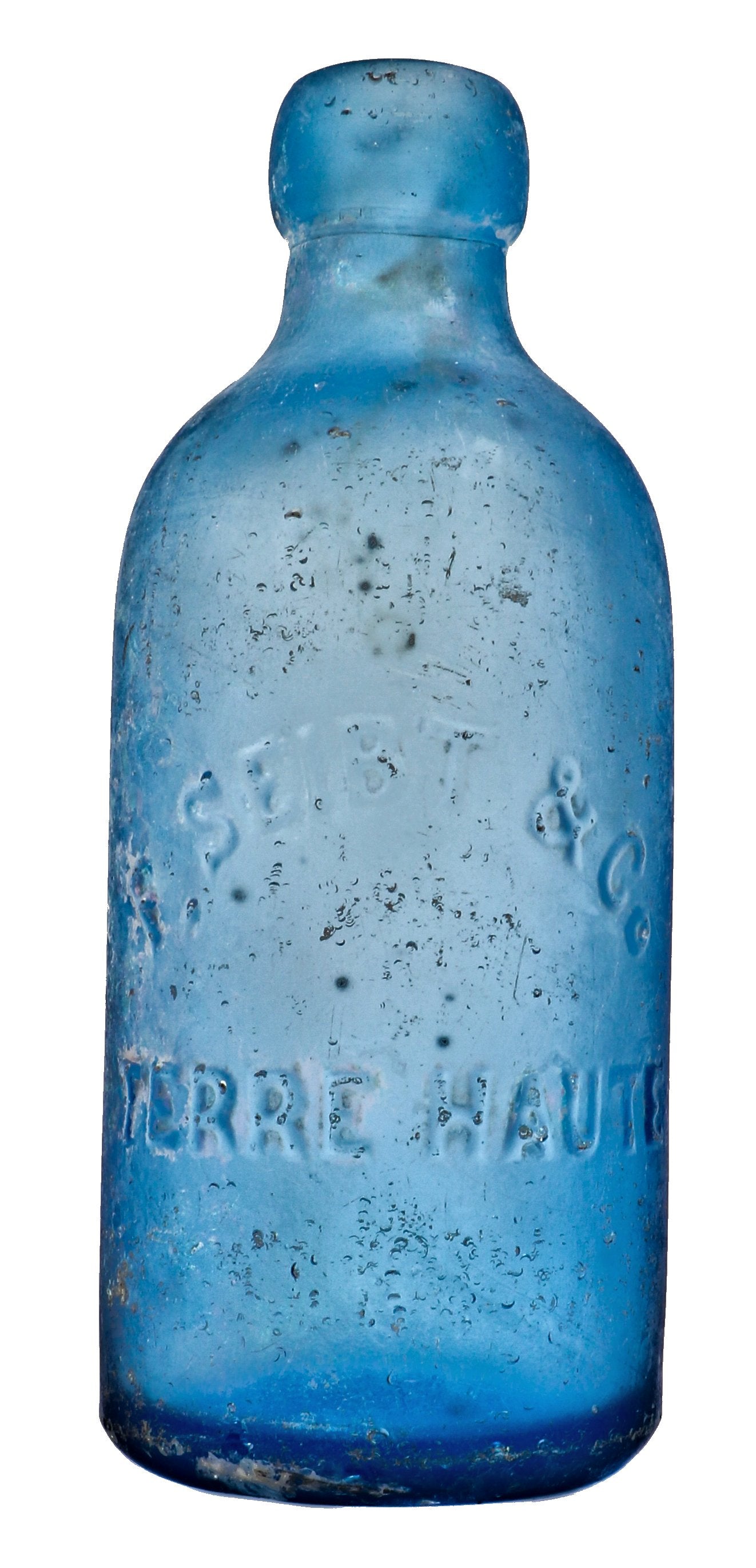rare and original intact privy dug vibrantly colored light cornflower blue pony glass soda bottle manufactured for f. seibt & co. in terre haute, indiana.