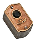 original early 20th century self-contained cast bronze and iron chicago loft building service elevator push button plaque with original black enameled case and bakelite button