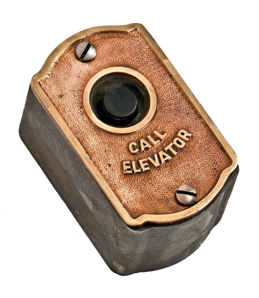original early 20th century self-contained cast bronze and iron chicago loft building service elevator push button plaque with original black enameled case and bakelite button