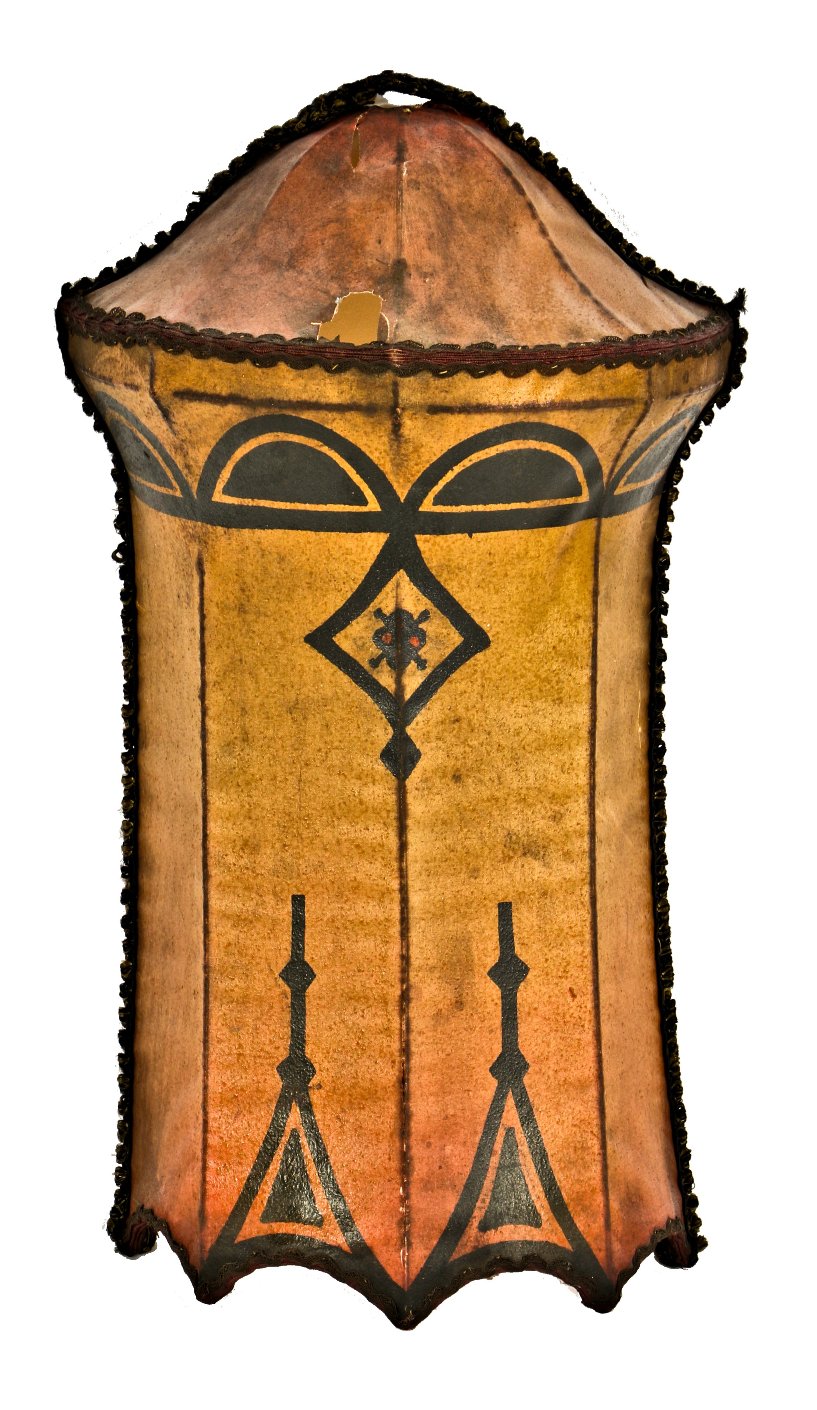 very unusual c. 1907 moorish revival single all original hand-painted parchment paper theater wall sconce light shade with steel wire reinforcement