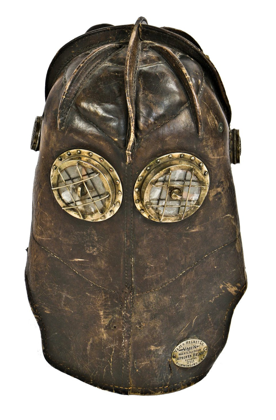 original c. 1900-10 hand-stitched leather vajen-bader "patent smoke protector" fireman helmet with intact mica lenses and badge
