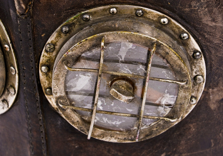 original c. 1900-10 hand-stitched leather vajen-bader "patent smoke protector" fireman helmet with intact mica lenses and badge