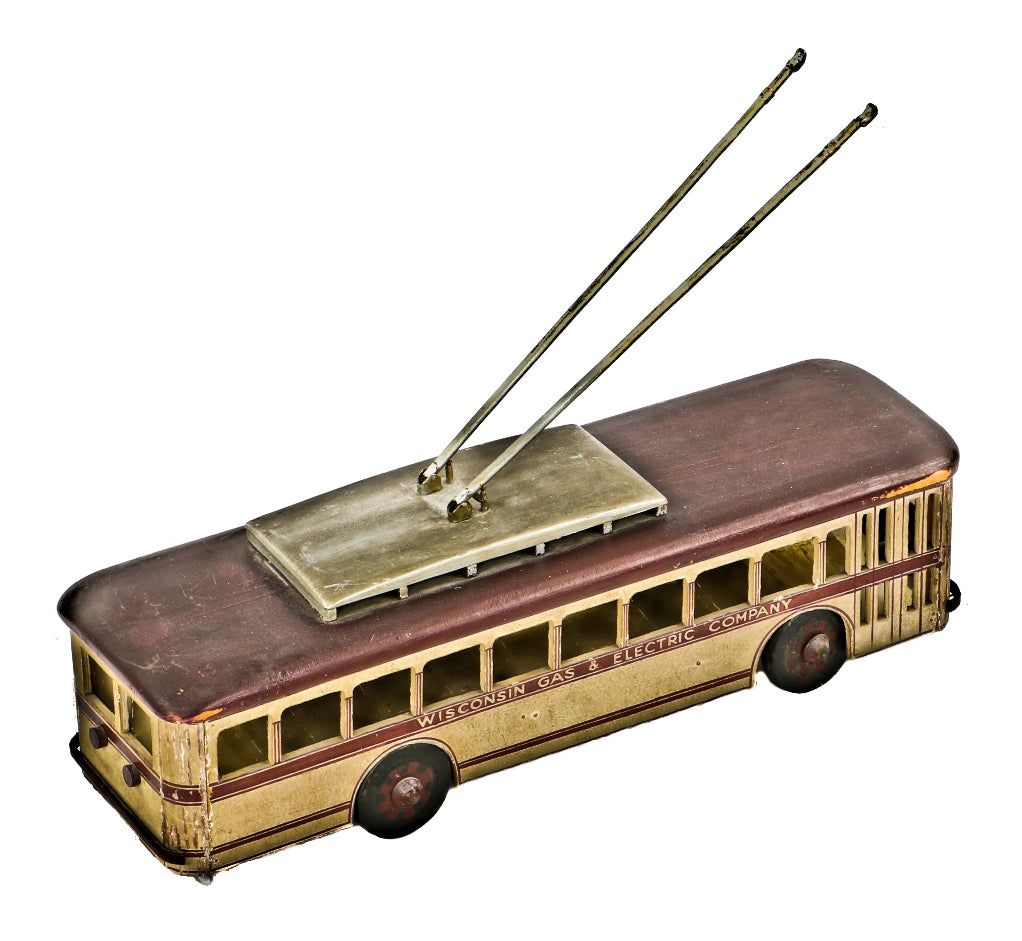 one of a kind exceptional handcrafted antique c. 1930's wpa depression era american folk art electric wisconsin gas & electric painted wood trolleybus with wheels