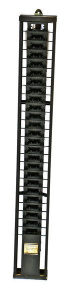 all original and well-maintained late 1940's vintage american industrial roberts electric company black enameled pressed and folded steel time card wall-mount slotted rack