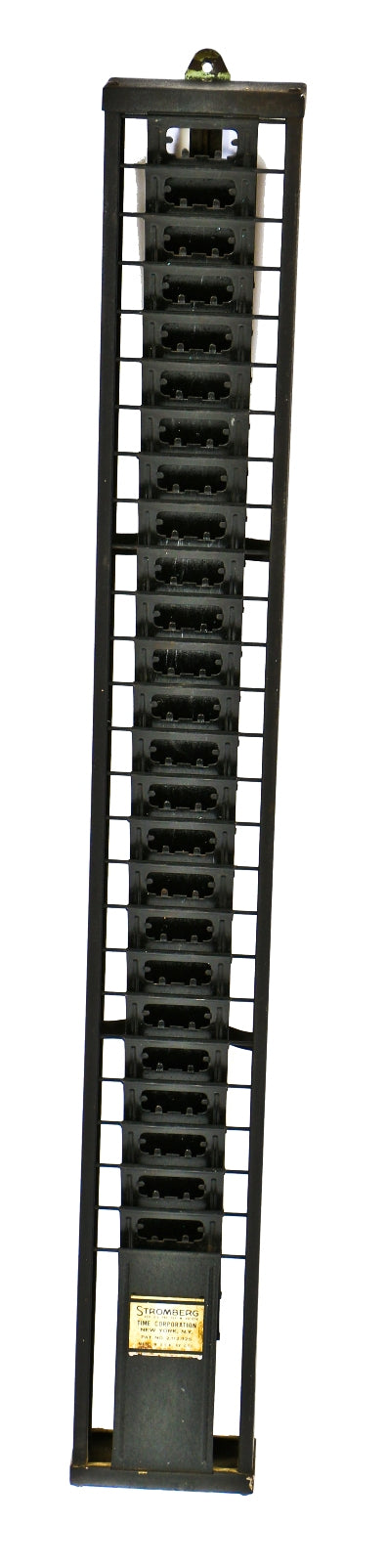 all original and well-maintained late 1940's vintage american industrial roberts electric company black enameled pressed and folded steel time card wall-mount slotted rack