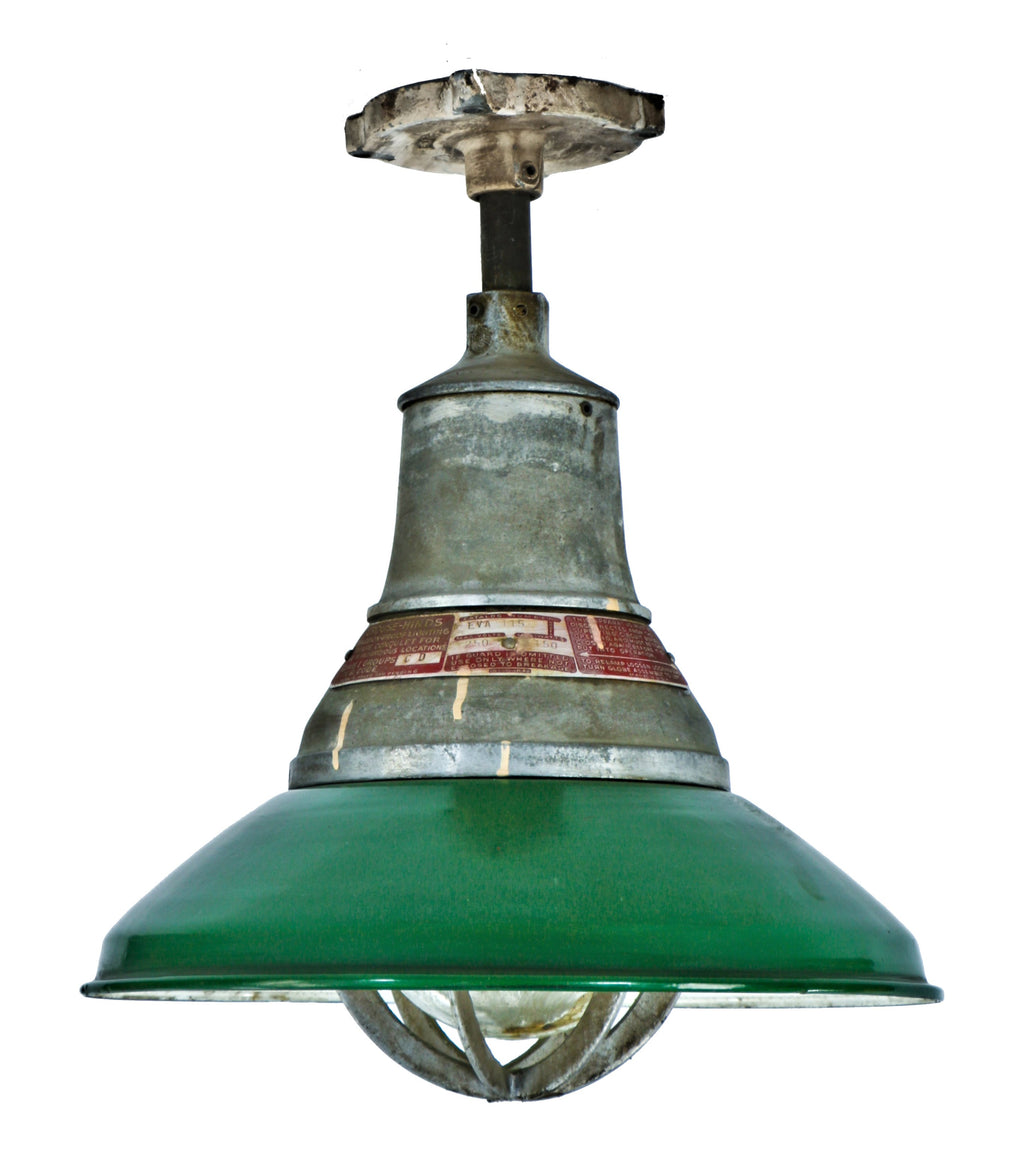 original single heavily reinforced chicago military component machine shop ceiling-mount explosion proof green porcelain enameled ceiling fixture with aluminum cage and glass globe