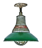 original single heavily reinforced chicago military component machine shop ceiling-mount explosion proof green porcelain enameled ceiling fixture with aluminum cage and glass globe