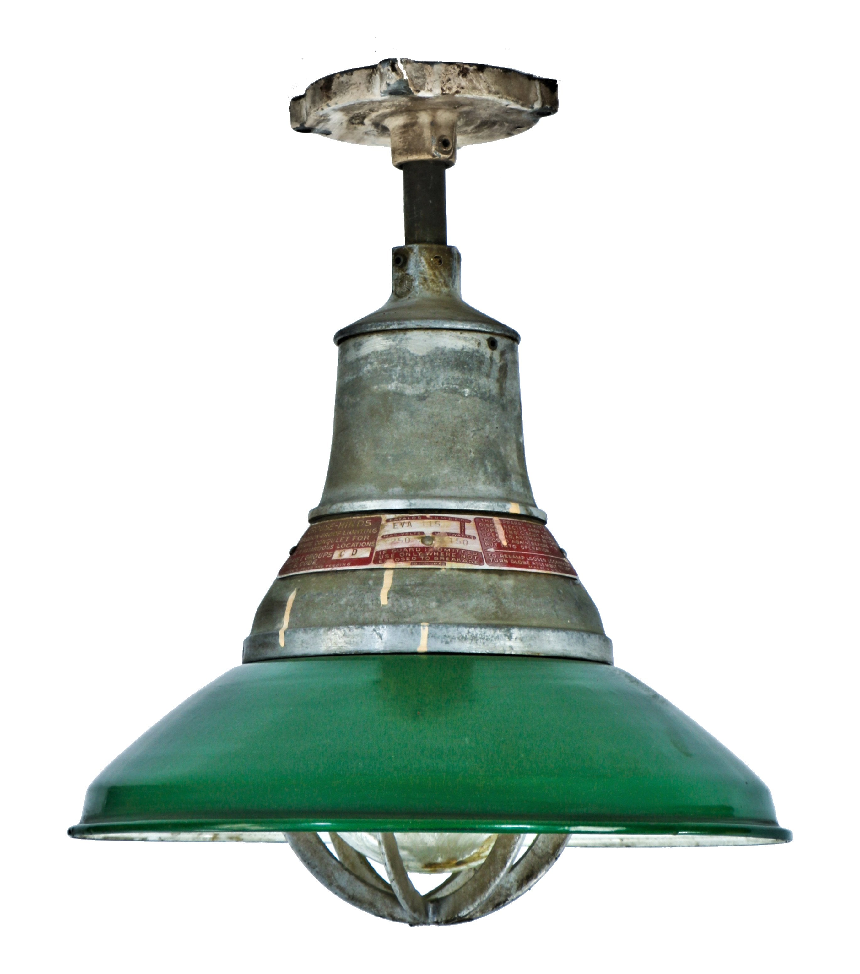 late 1920's american antique industrial green porcelain enameled cold-rolled steel "explosion proof" pendant light fixture with intact clear glass globe and aluminum cage