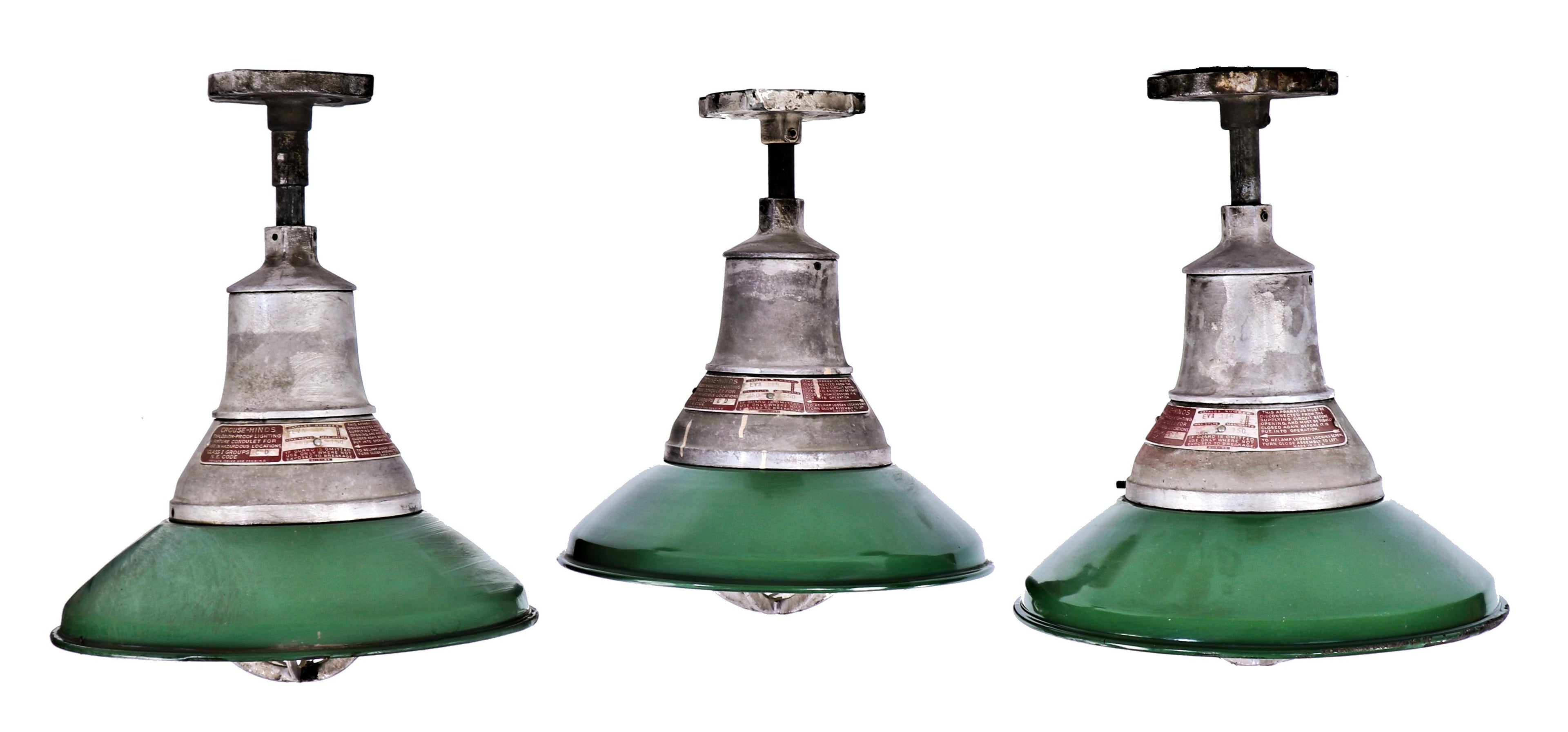 late 1920's american antique industrial green porcelain enameled cold-rolled steel "explosion proof" pendant light fixture with intact clear glass globe and aluminum cage