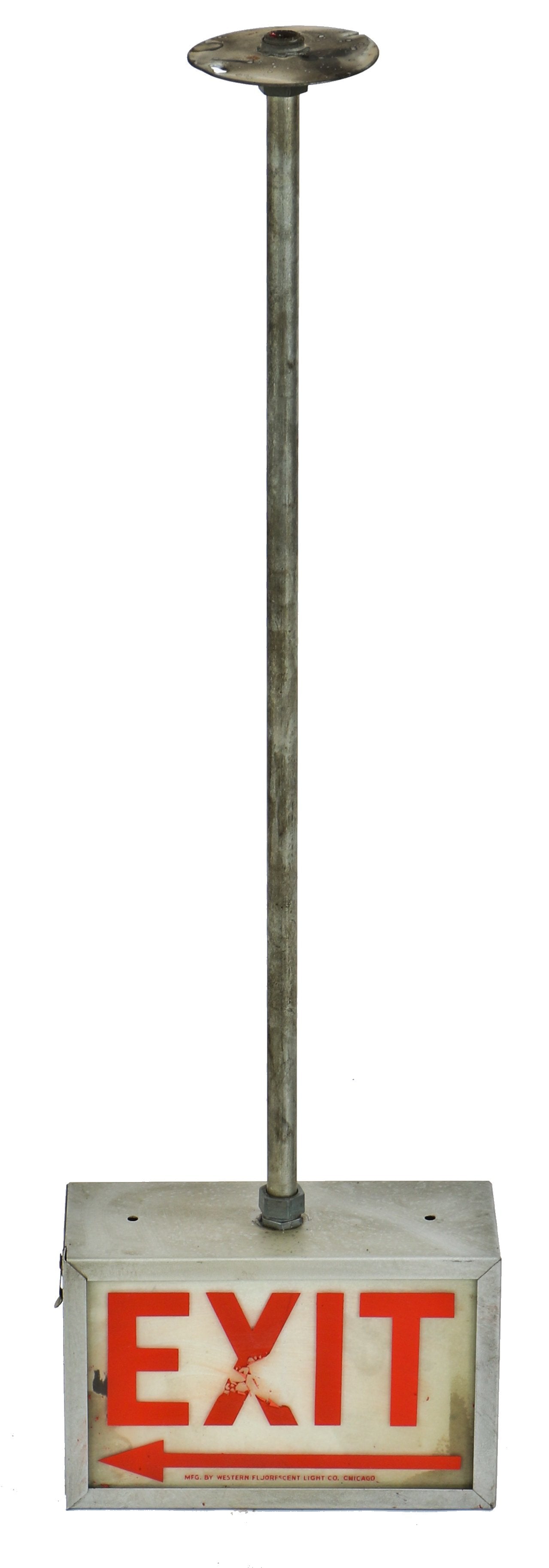 single all original and intact fully functional western fluorescent company single factory machine shop exit light fixture or pendant with baked enameled glass exit panel