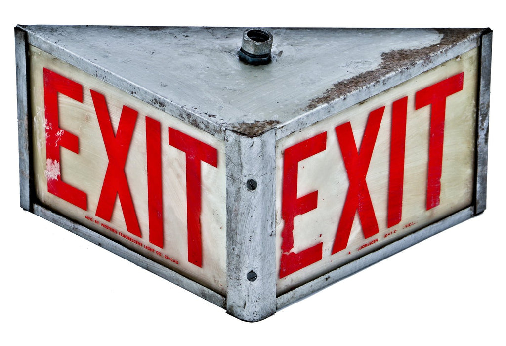 single late 1940's roberts electric company double-sided highly desirable illuminated dual panel interior factory exit light with baked-on oversized red lettering