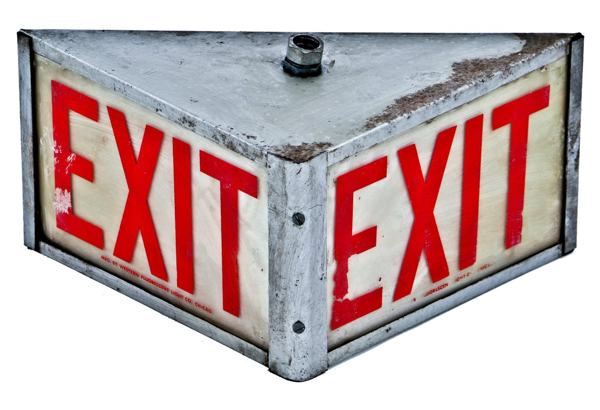 single late 1940's roberts electric company double-sided highly desirable illuminated dual panel interior factory exit light with baked-on oversized red lettering