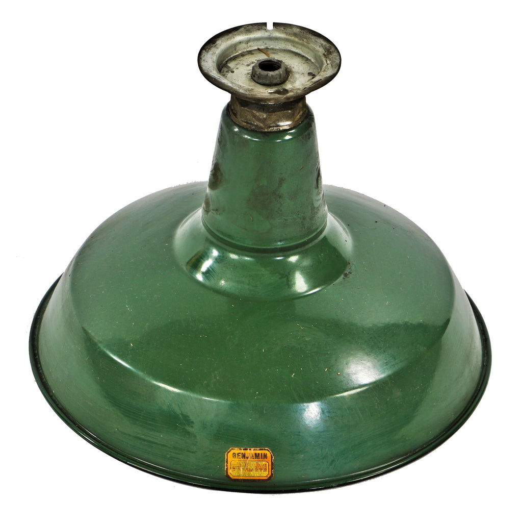 original early 1920's antique american industrial single roberts electric company green porcelain enameled factory pendant light with original ceiling canopy
