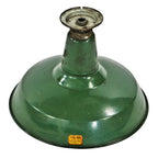 original early 1920's antique american industrial single roberts electric company green porcelain enameled factory pendant light with original ceiling canopy