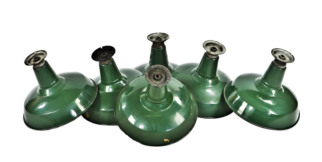 original early 1920's antique american industrial single roberts electric company green porcelain enameled factory pendant light with original ceiling canopy