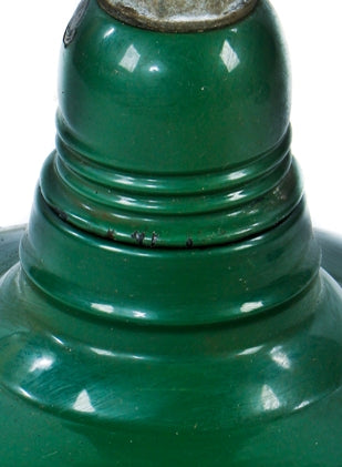 two matching all original c. 1920's "long stem" green porcelain enameled cold-rolled steel roberts electric company factory reflectors with distinctive socket housings
