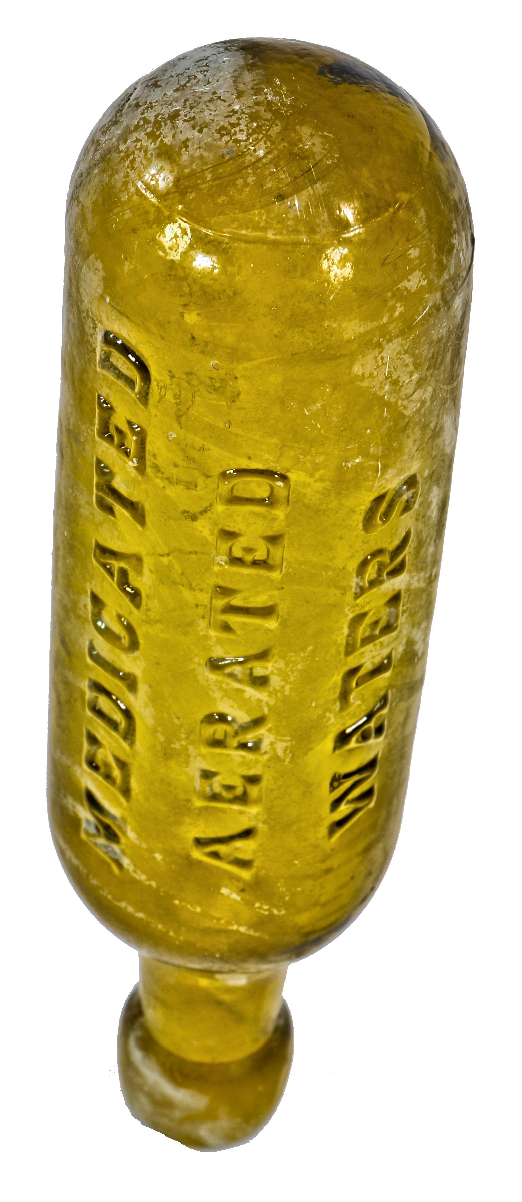 rare and intact privy dug c. 1870's yellow green "aerated waters" round-bottom or "torpedo" bottle manufactured for chicago bottling giant j.a. lomax.