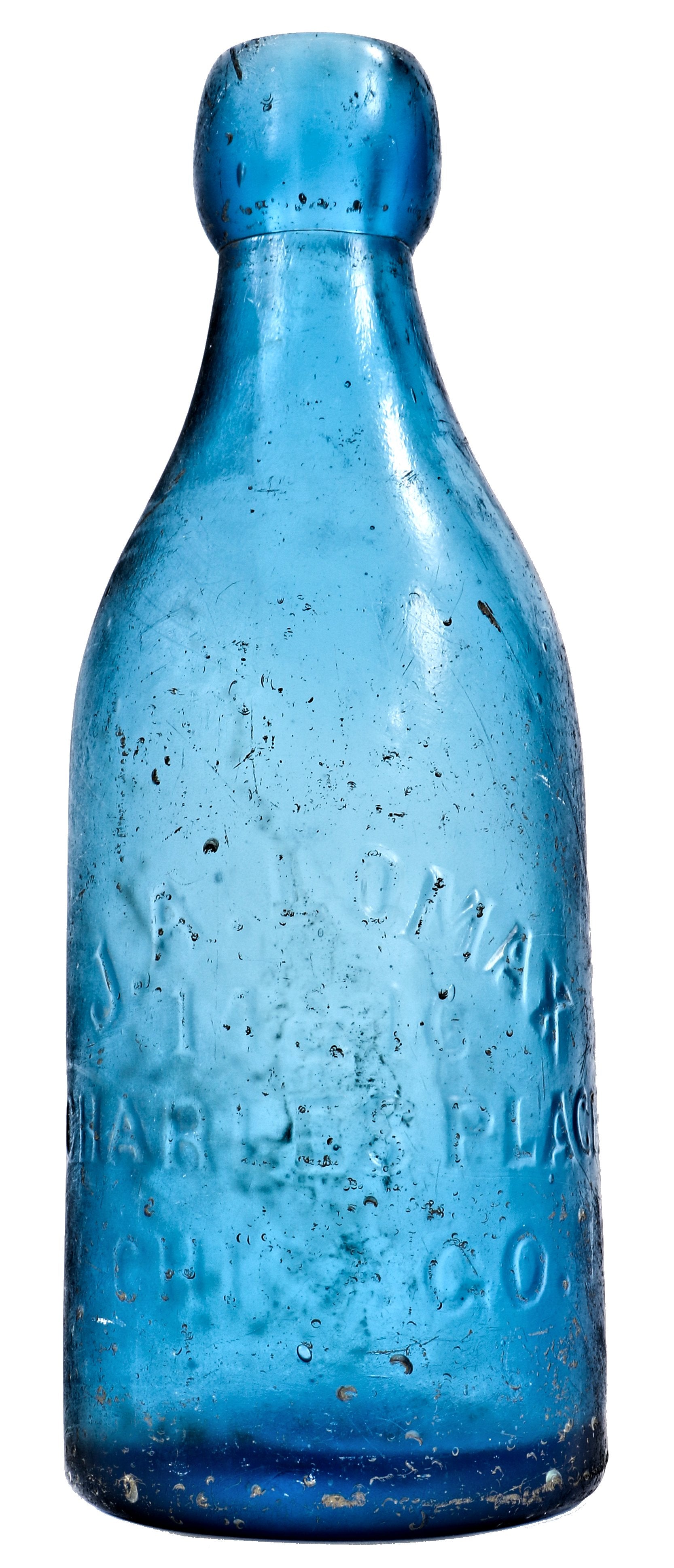 original and intact privy dug early 1870's richly colored deep cobalt blue glass john a. lomax blobtop soda or mineral water bottle