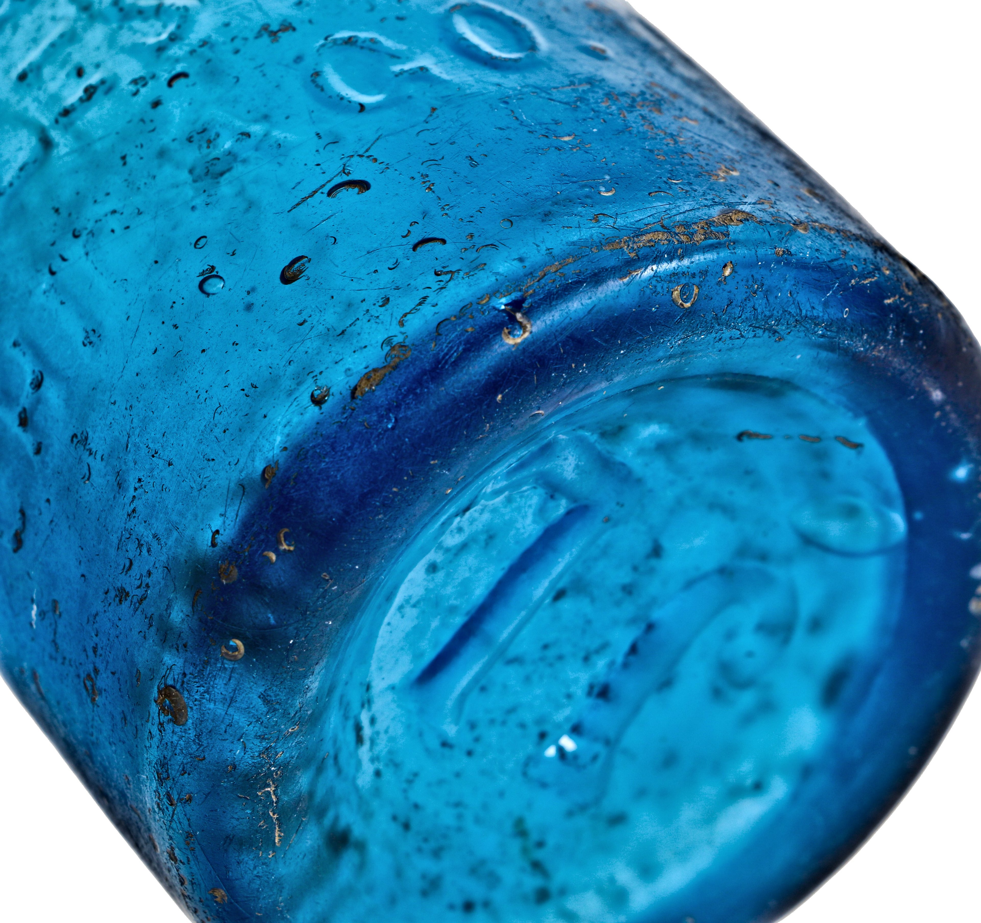 original and intact privy dug early 1870's richly colored deep cobalt blue glass john a. lomax blobtop soda or mineral water bottle