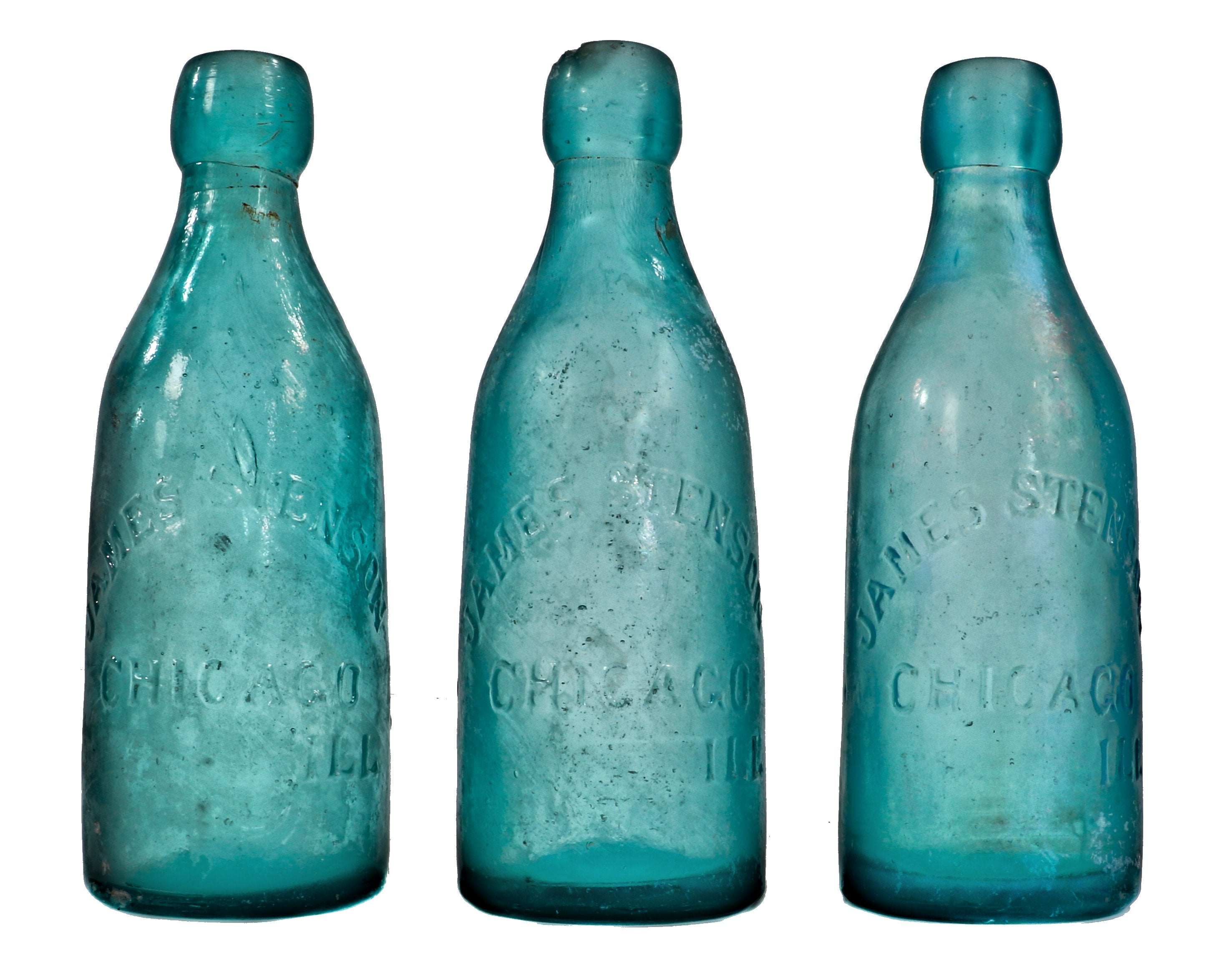 matching lot of three largely intact original privy dug c. 1870's deep blue aqua glass blobtop soda bottles fabricated for james stenson in chicago, il.