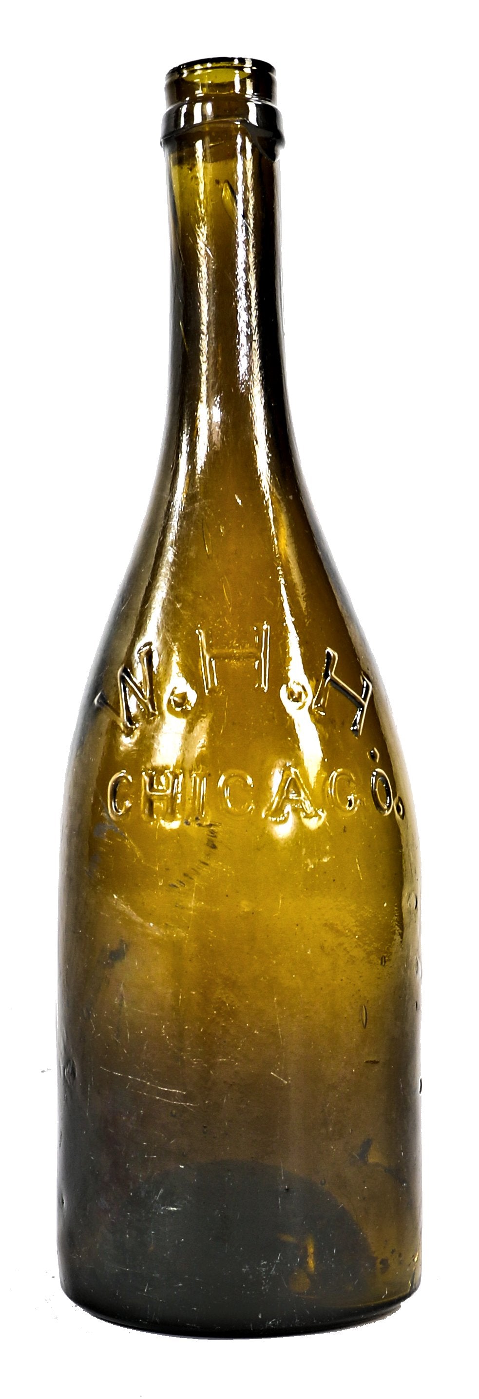 very rare and completely intact chicago privy dug c. 1865-7 deep olive green champagne shaped quart size bottle manufactured for chicago bottler william henry hutchinson.
