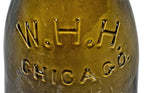 very rare and completely intact chicago privy dug c. 1865-7 deep olive green champagne shaped quart size bottle manufactured for chicago bottler william henry hutchinson.