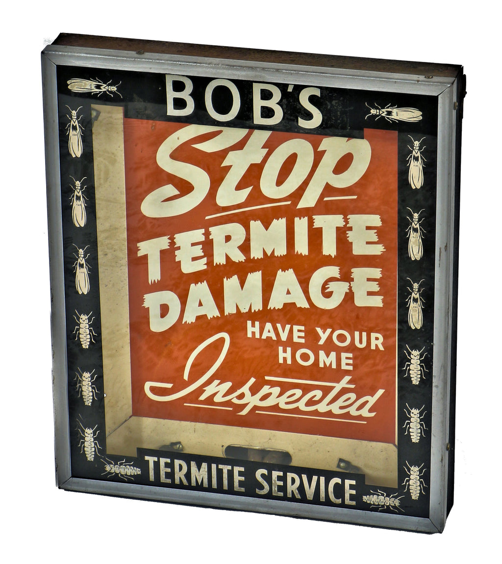 fully functional antique american depression era c. 1930's bug exterminator storefront illuminated neon tube encased advertising sign with distinctive graphics