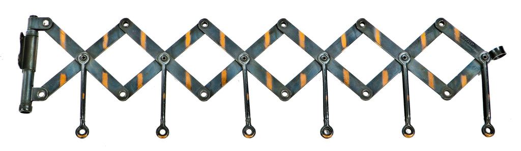highly sought after original american industrial wall-mount "hood" new old stock steel scissor garment extension bracket with intact oxidized copper-plated finish