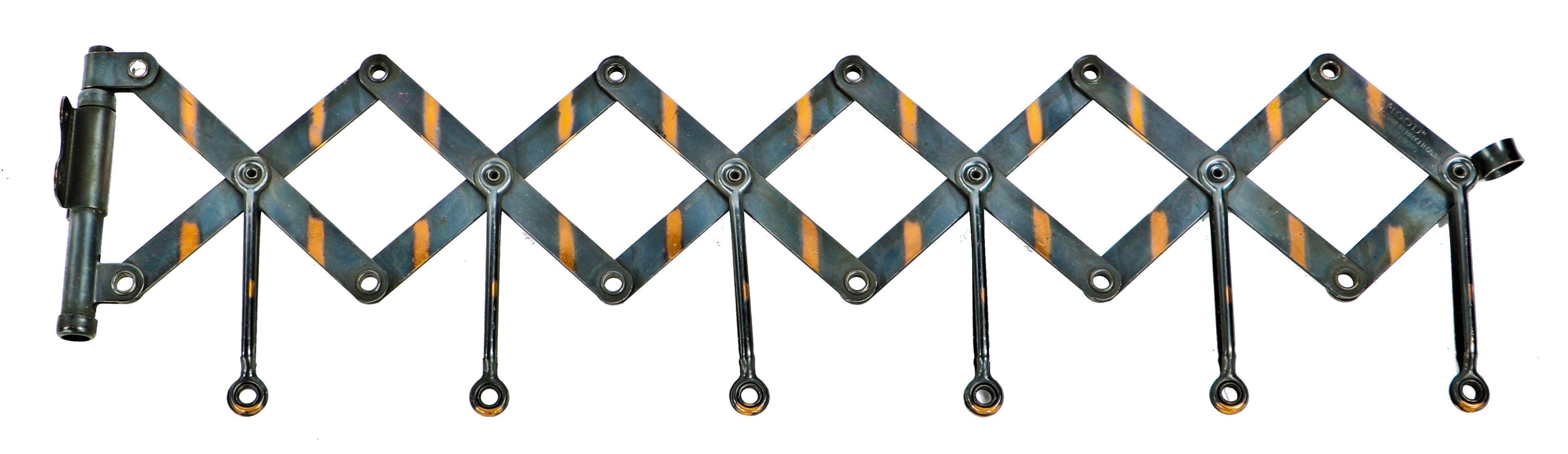 highly sought after original american industrial wall-mount "hood" new old stock steel scissor garment extension bracket with intact oxidized copper-plated finish