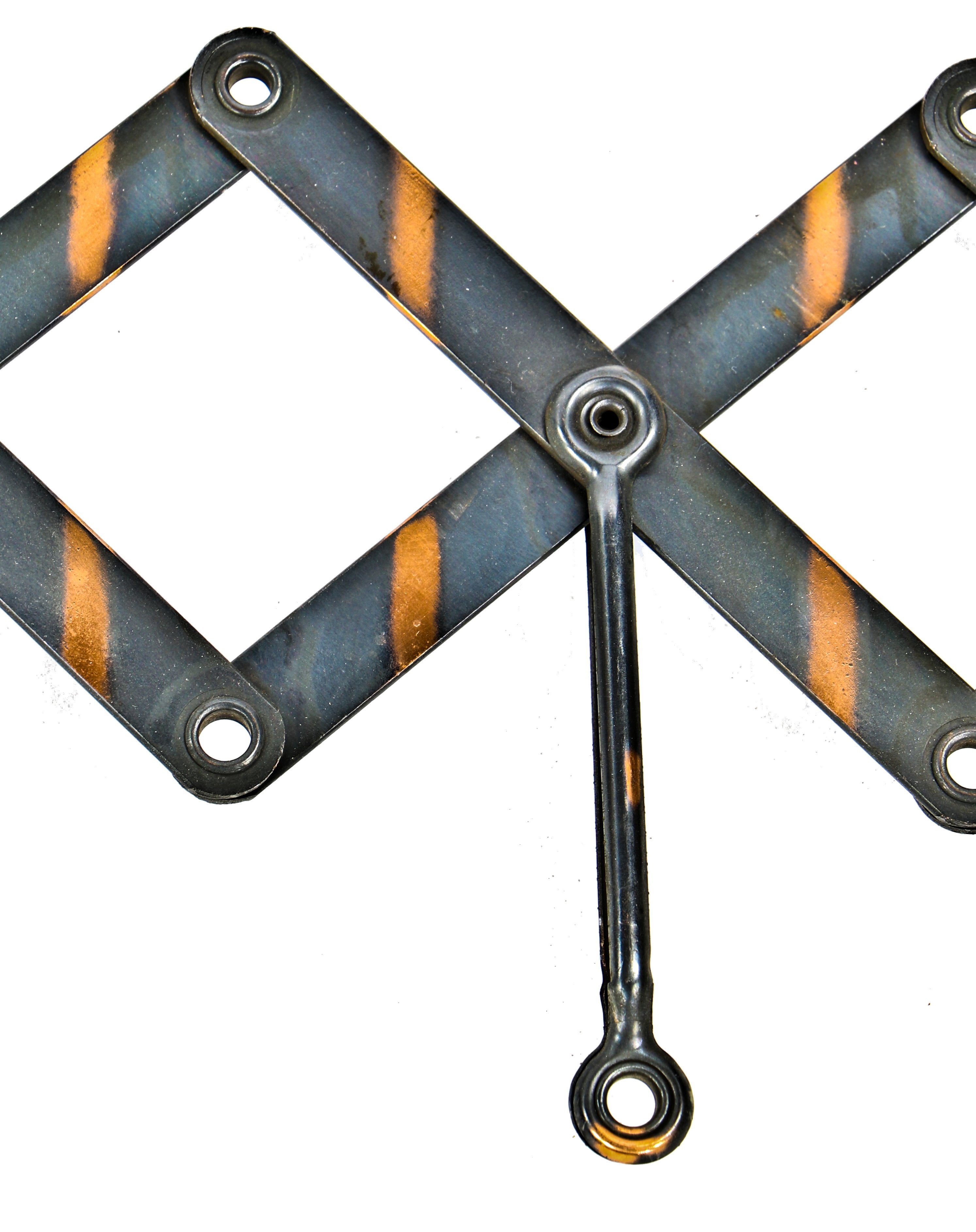 highly sought after original american industrial wall-mount "hood" new old stock steel scissor garment extension bracket with intact oxidized copper-plated finish