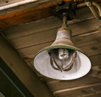 late 1920's american antique industrial green porcelain enameled cold-rolled steel "explosion proof" pendant light fixture with intact clear glass globe and aluminum cage